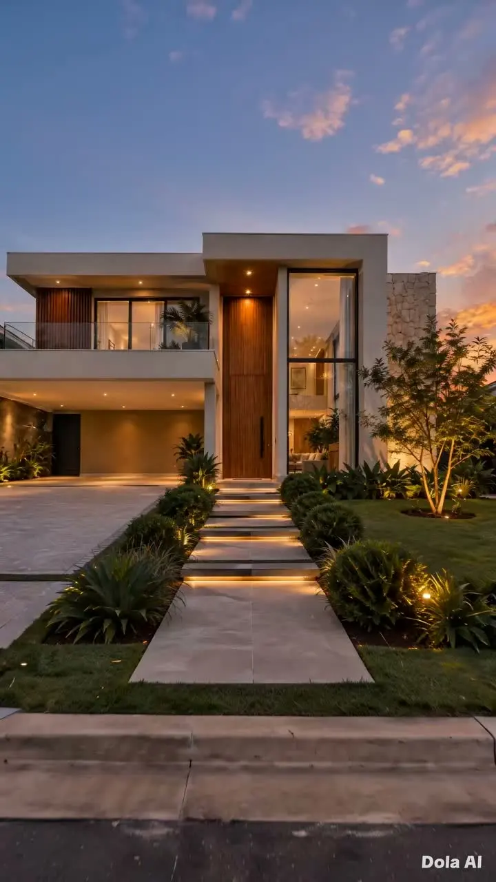 Fachada de casa contemporânea com jardim e iluminação acolhedora ao entardecer