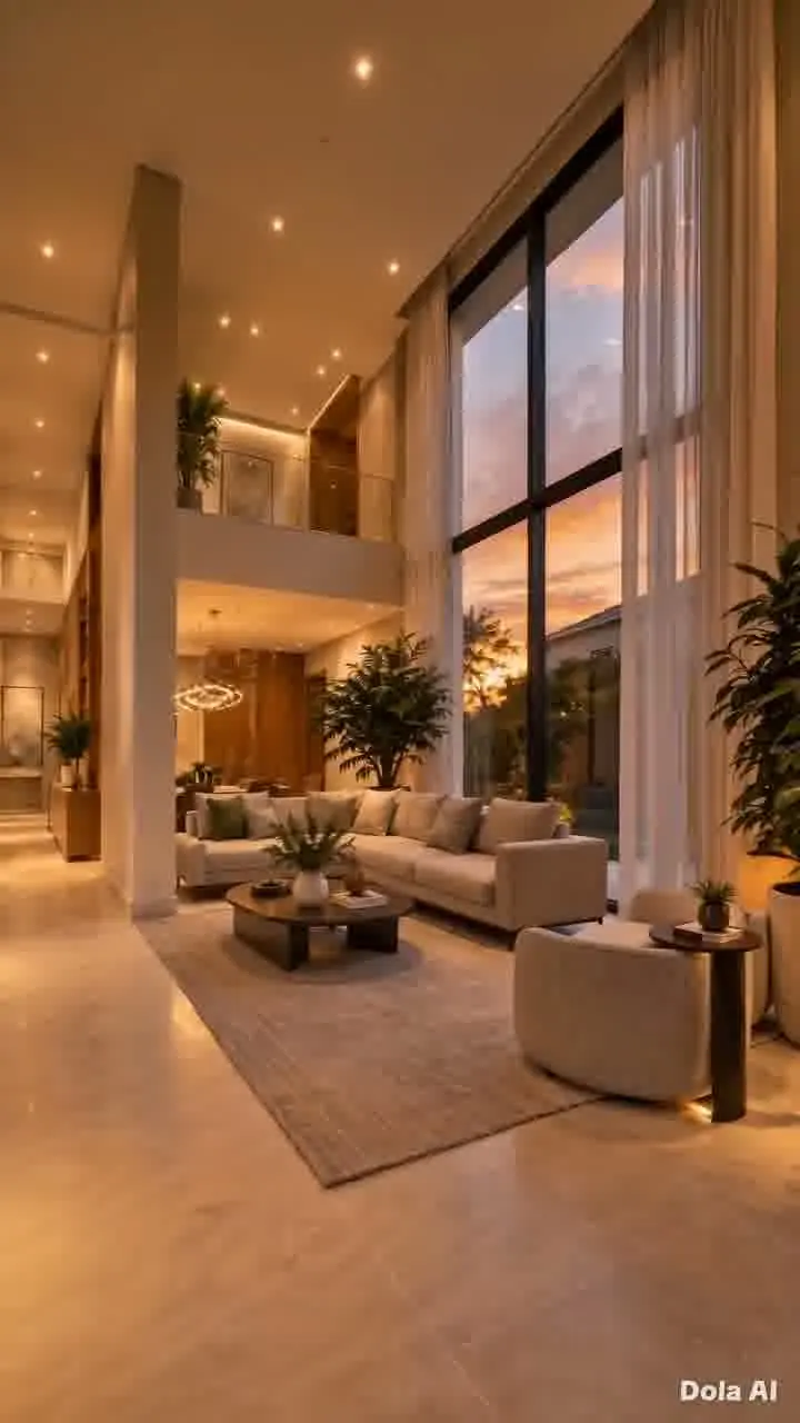 Sala de estar com pé-direito alto, luz natural e jardim integrado